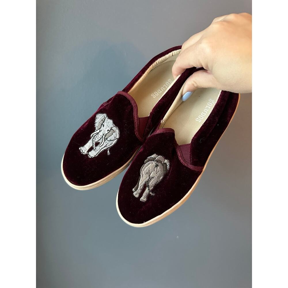 Soludos burgundy velvet elephant slip ons